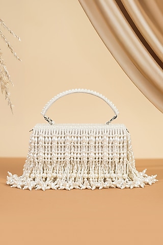 White Raw Silk Pearl Work Handcrafted Clutch by The Purple Sack