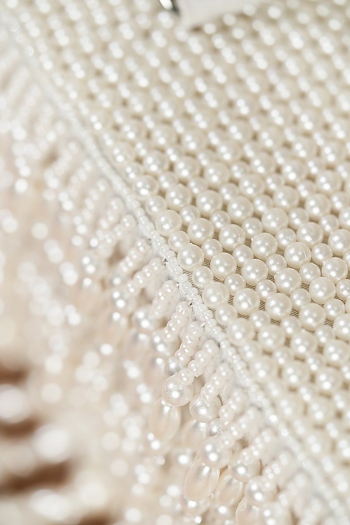 White Raw Silk Pearl Work Handcrafted Clutch by The Purple Sack at Pernia's Pop Up Shop