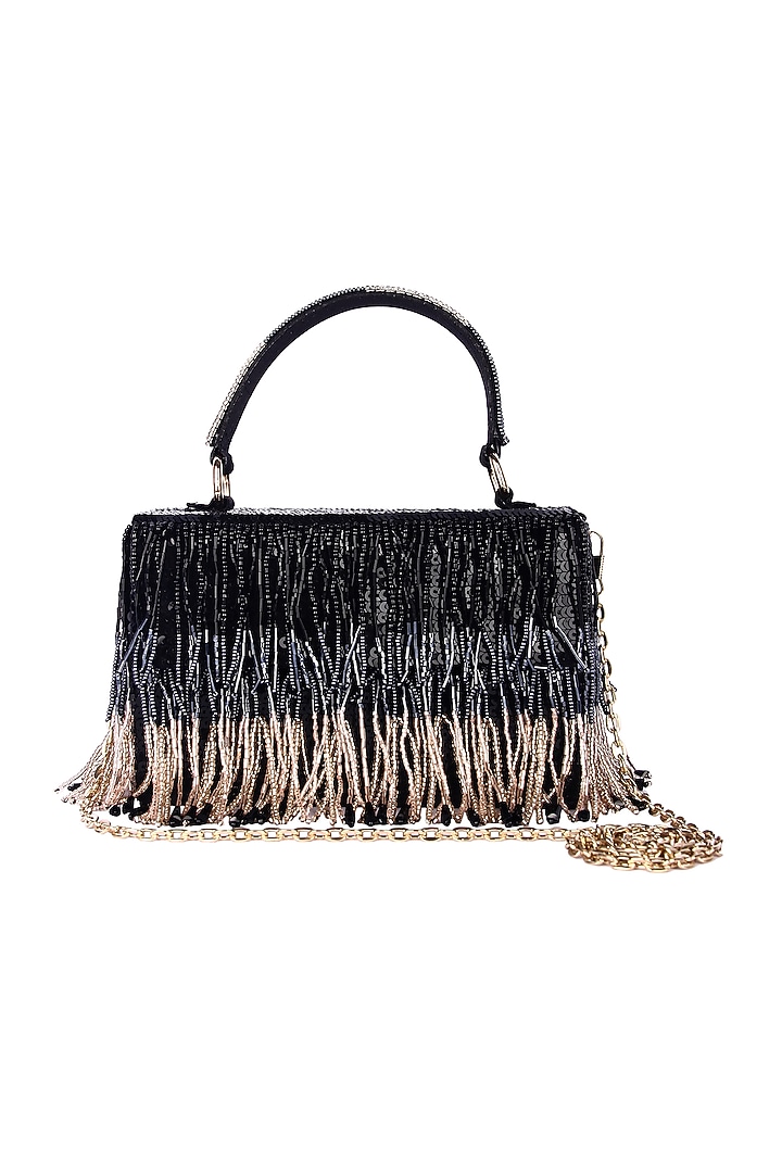 Black Raw Silk Hand Embroidered Tassel Clutch by The Purple Sack at Pernia's Pop Up Shop