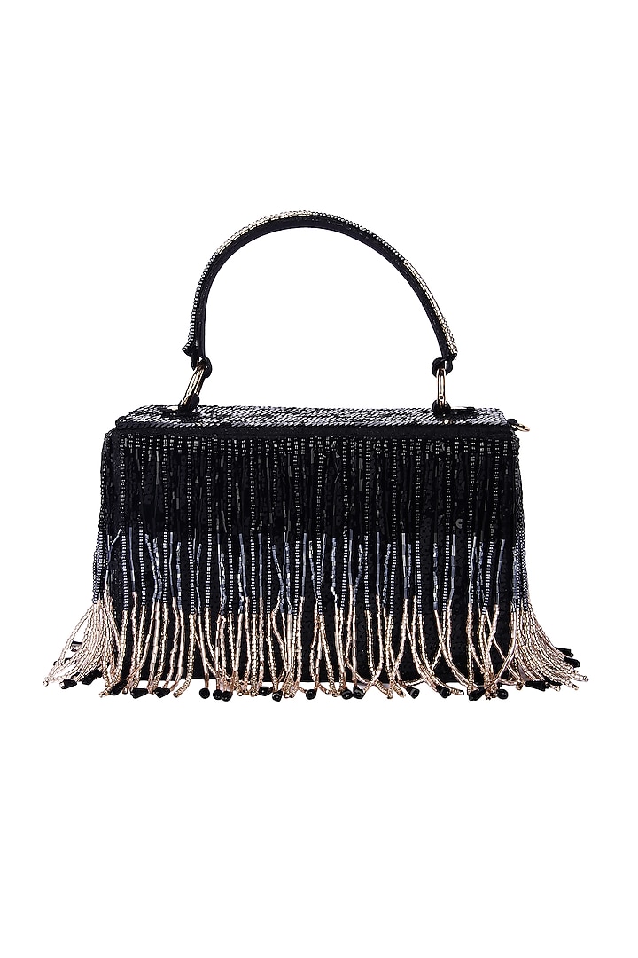 Black Raw Silk Hand Embroidered Tassel Clutch by The Purple Sack at Pernia's Pop Up Shop