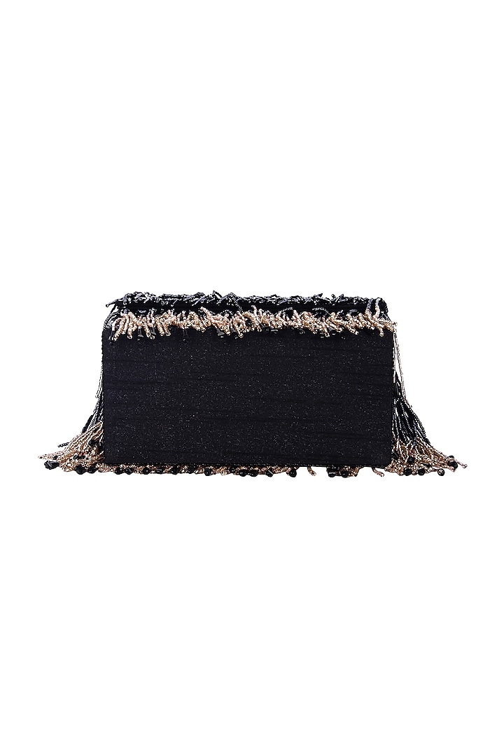 Black Raw Silk Hand Embroidered Tassel Clutch by The Purple Sack at Pernia's Pop Up Shop