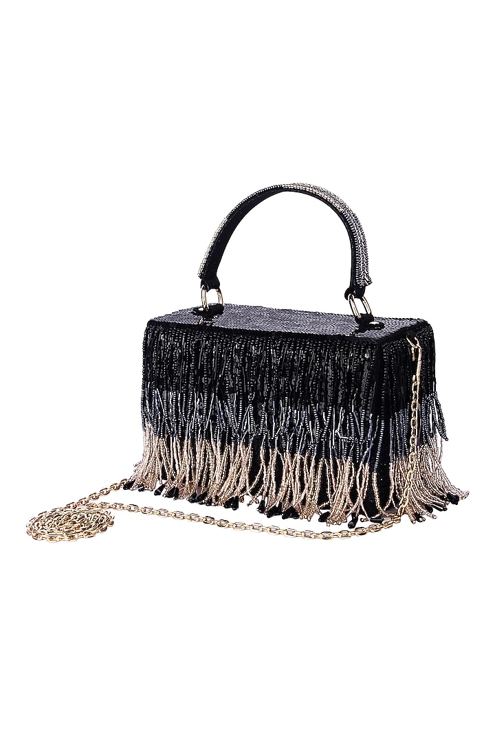 Black Raw Silk Hand Embroidered Tassel Clutch by The Purple Sack at Pernia's Pop Up Shop