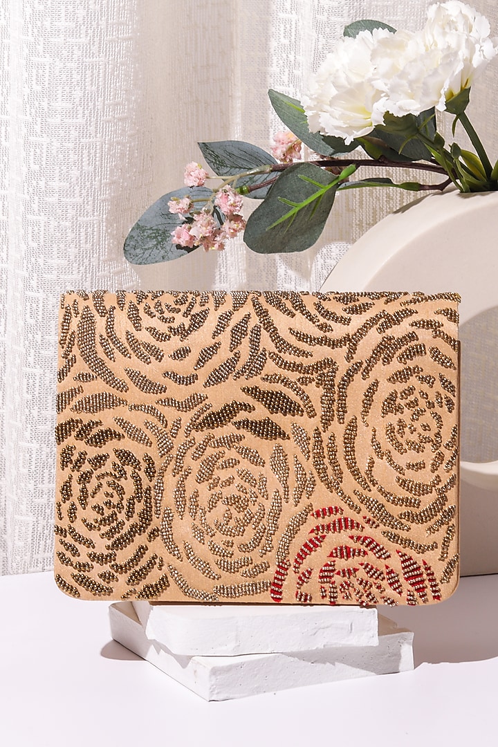 Rose Gold Raw Silk Bead Hand Embroidered Clutch by The Purple Sack at Pernia's Pop Up Shop