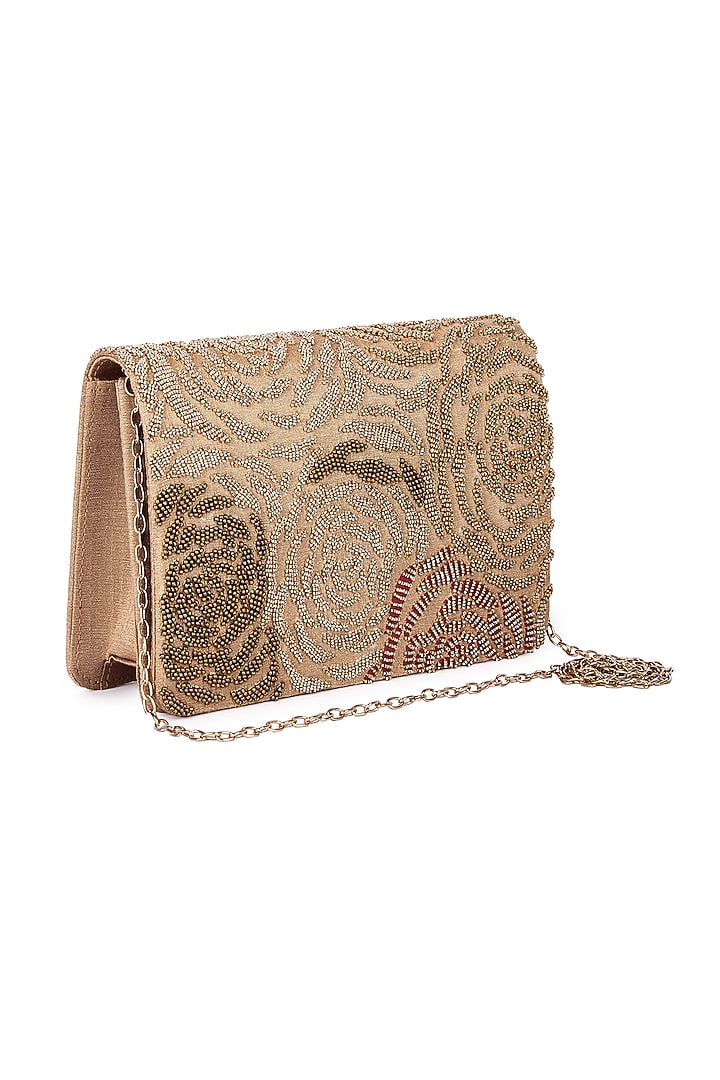Rose Gold Raw Silk Bead Hand Embroidered Clutch by The Purple Sack at Pernia's Pop Up Shop