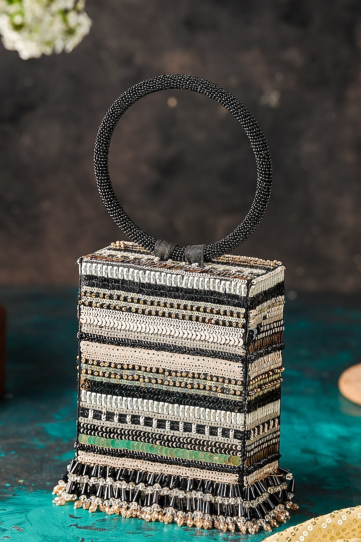 Black Raw Silk Hand Embroidered Rectangular Clutch by The Purple Sack at Pernia's Pop Up Shop