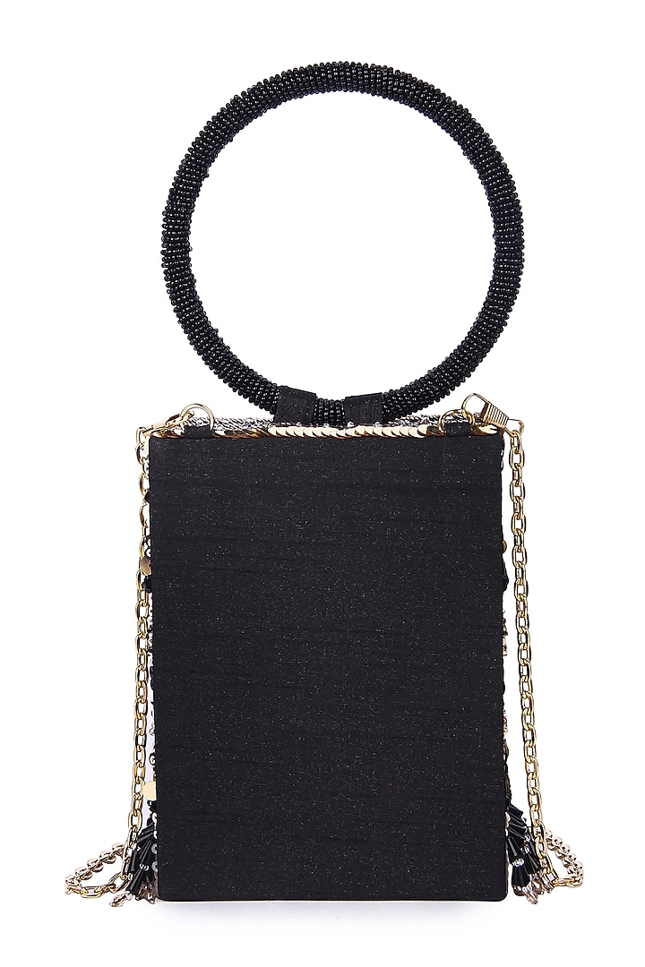 Black Raw Silk Hand Embroidered Rectangular Clutch by The Purple Sack at Pernia's Pop Up Shop