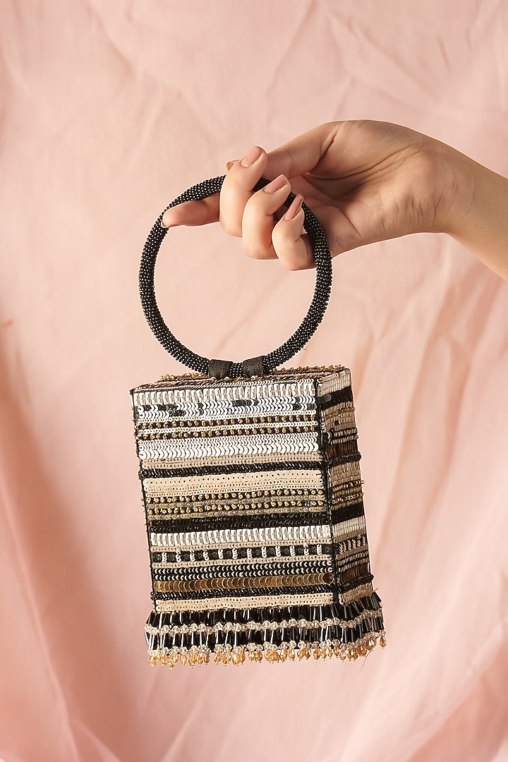 Black Raw Silk Hand Embroidered Rectangular Clutch by The Purple Sack at Pernia's Pop Up Shop
