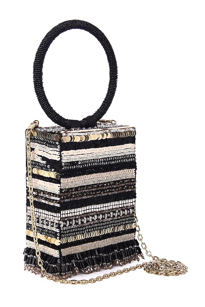 Black Raw Silk Hand Embroidered Rectangular Clutch by The Purple Sack at Pernia's Pop Up Shop