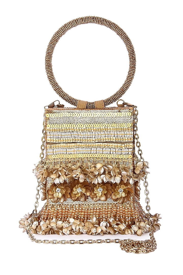 Gold Raw Silk Hand Embroidered Rectangular Clutch by The Purple Sack at Pernia's Pop Up Shop