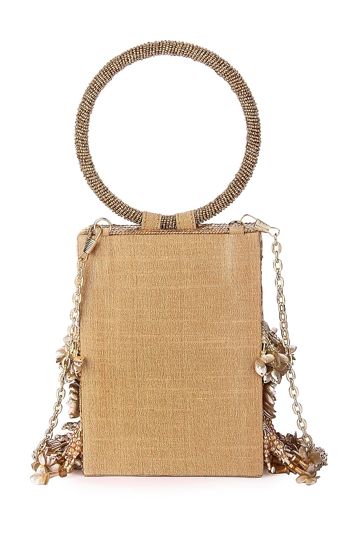 Gold Raw Silk Hand Embroidered Rectangular Clutch by The Purple Sack at Pernia's Pop Up Shop