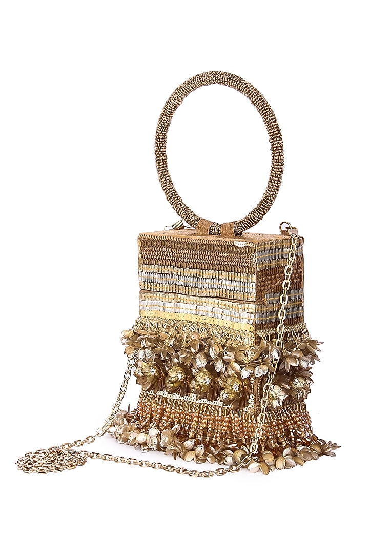 Gold Raw Silk Hand Embroidered Rectangular Clutch by The Purple Sack at Pernia's Pop Up Shop