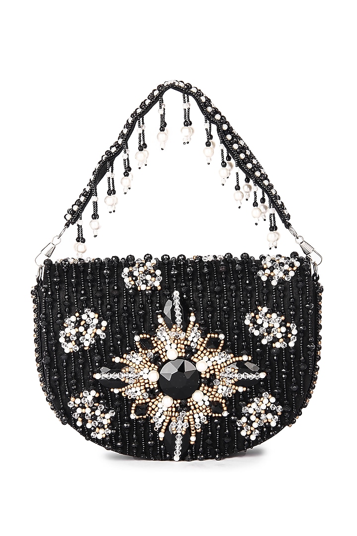 Black Raw Silk Hand Embroidered Clutch by The Purple Sack at Pernia's Pop Up Shop