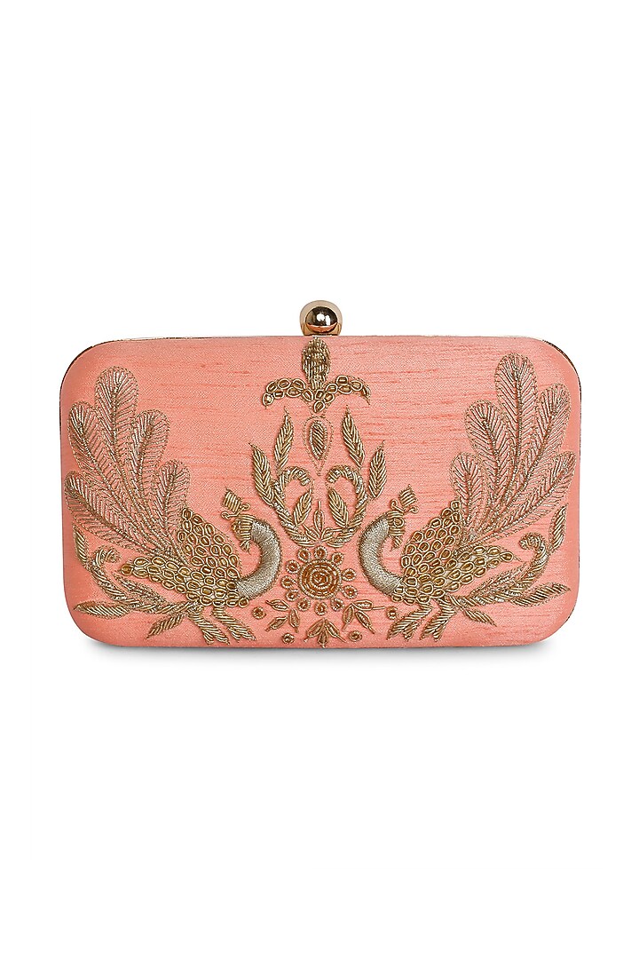Peach Raw Silk Hand Embroidered Clutch by The Purple Sack at Pernia's Pop Up Shop
