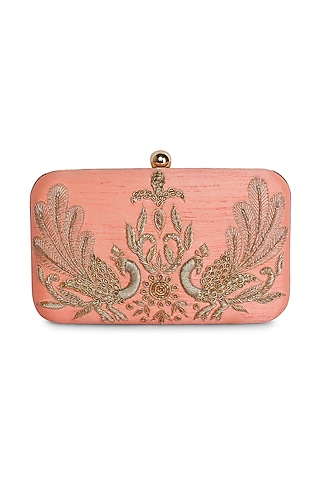 Peach Raw Silk Hand Embroidered Clutch by The Purple Sack