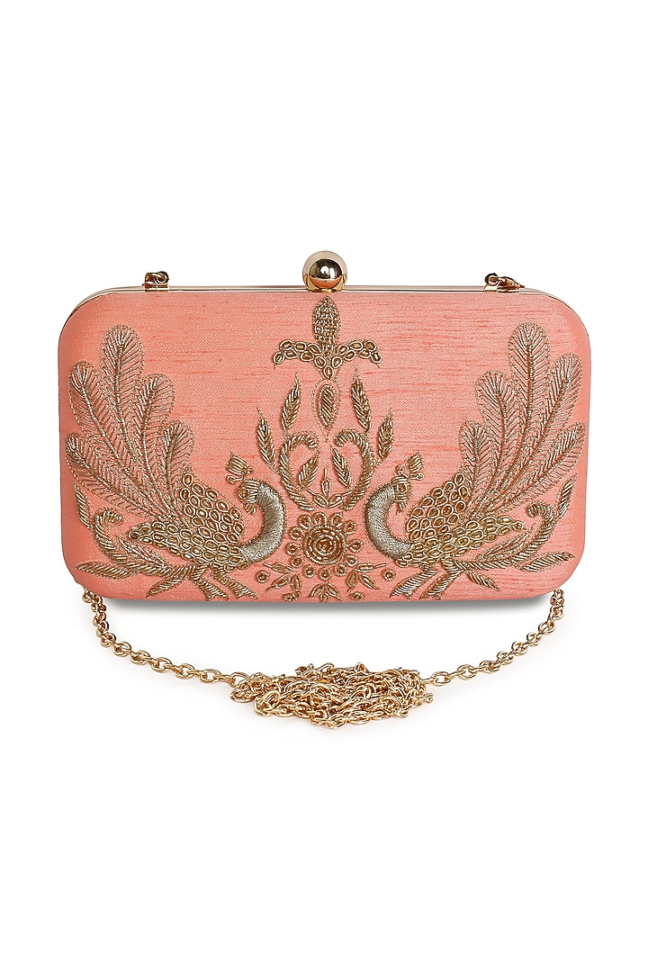 Peach Raw Silk Hand Embroidered Clutch by The Purple Sack at Pernia's Pop Up Shop