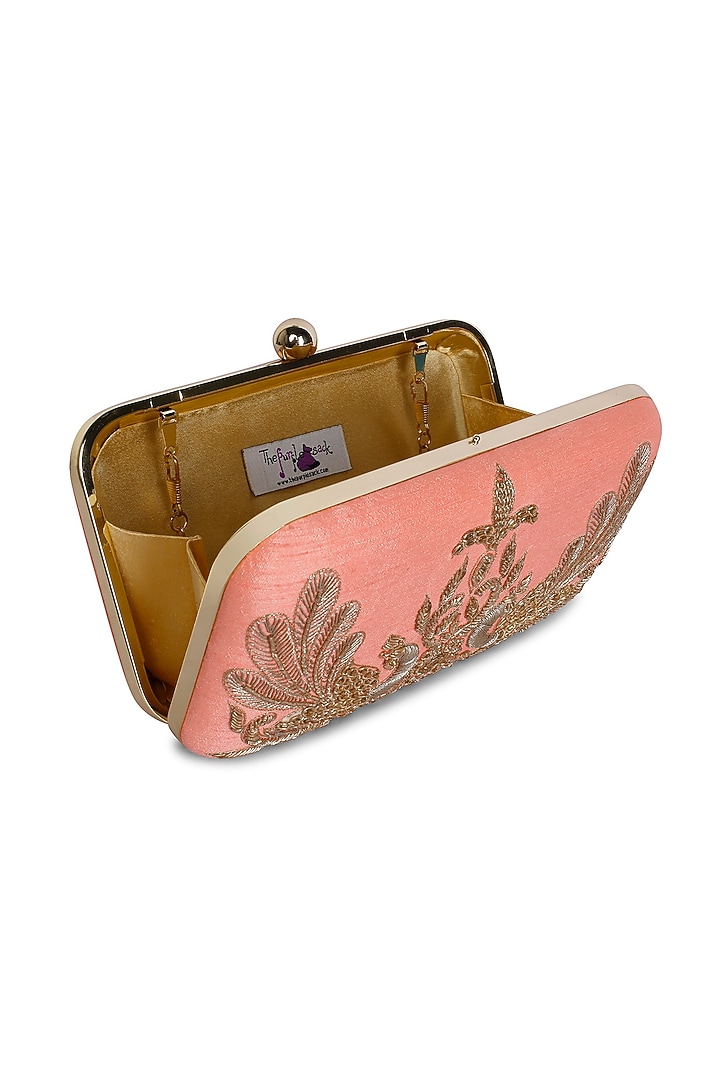 Peach Raw Silk Hand Embroidered Clutch by The Purple Sack at Pernia's Pop Up Shop