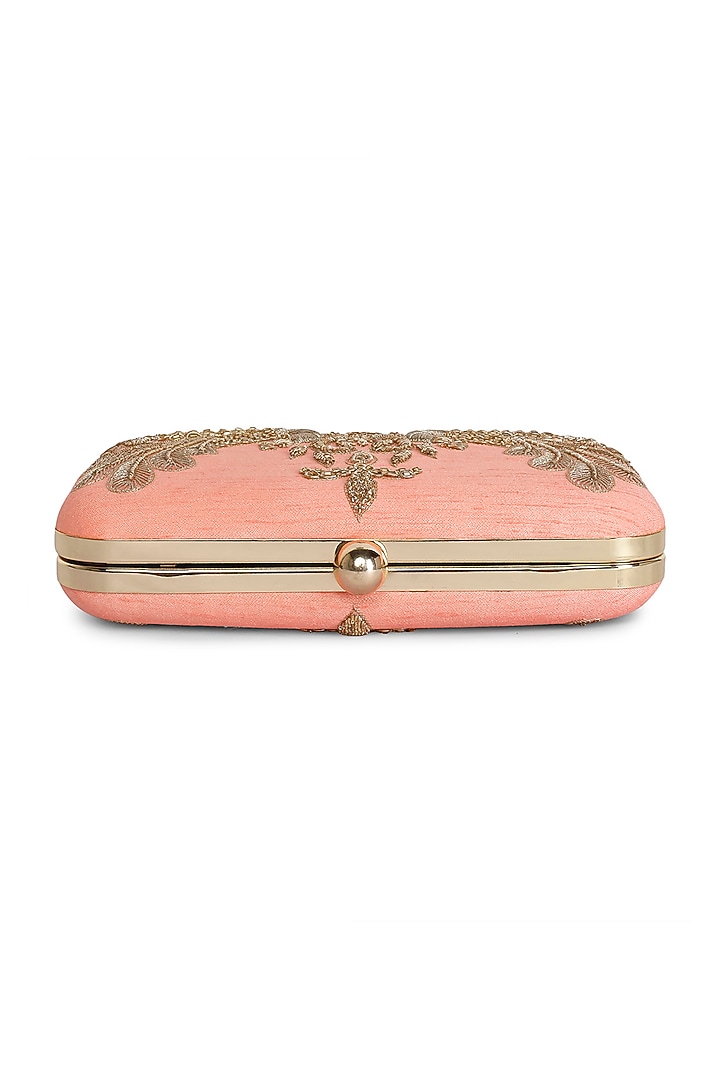 Peach Raw Silk Hand Embroidered Clutch by The Purple Sack at Pernia's Pop Up Shop