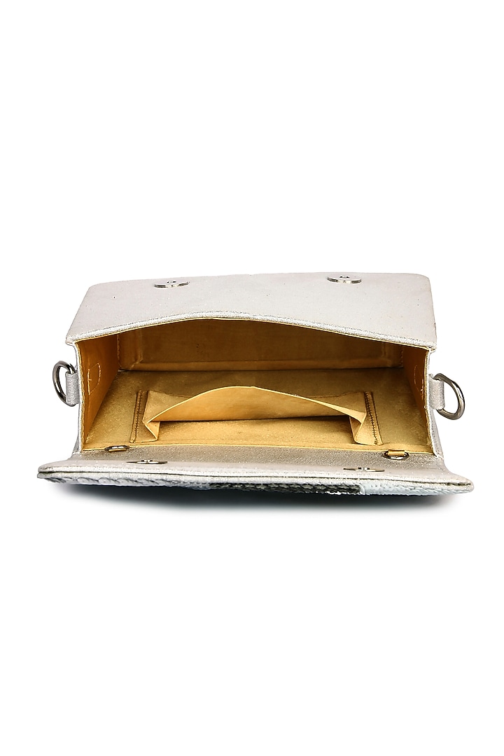 Silver Leatherette Hand Embroidered Clutch by The Purple Sack at Pernia's Pop Up Shop