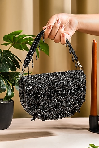 Black Raw Silk Hand Embroidered Latkan Clutch by The Purple Sack