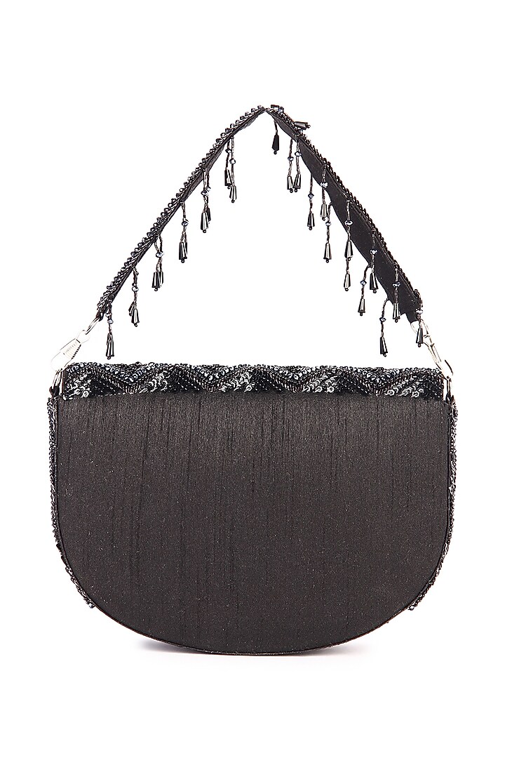 Black Raw Silk Hand Embroidered Latkan Clutch by The Purple Sack at Pernia's Pop Up Shop