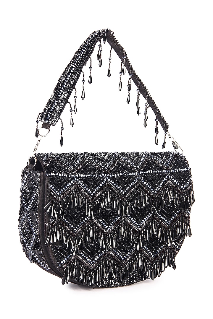 Black Raw Silk Hand Embroidered Latkan Clutch by The Purple Sack at Pernia's Pop Up Shop