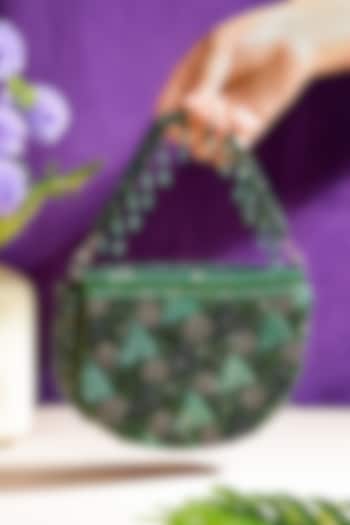 Green Raw Silk Hand Embroidered Latkan Clutch by The Purple Sack at Pernia's Pop Up Shop