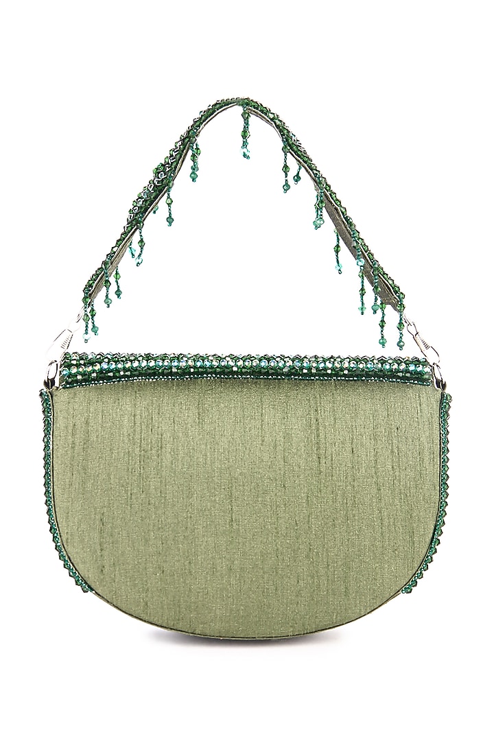 Green Raw Silk Hand Embroidered Latkan Clutch by The Purple Sack at Pernia's Pop Up Shop