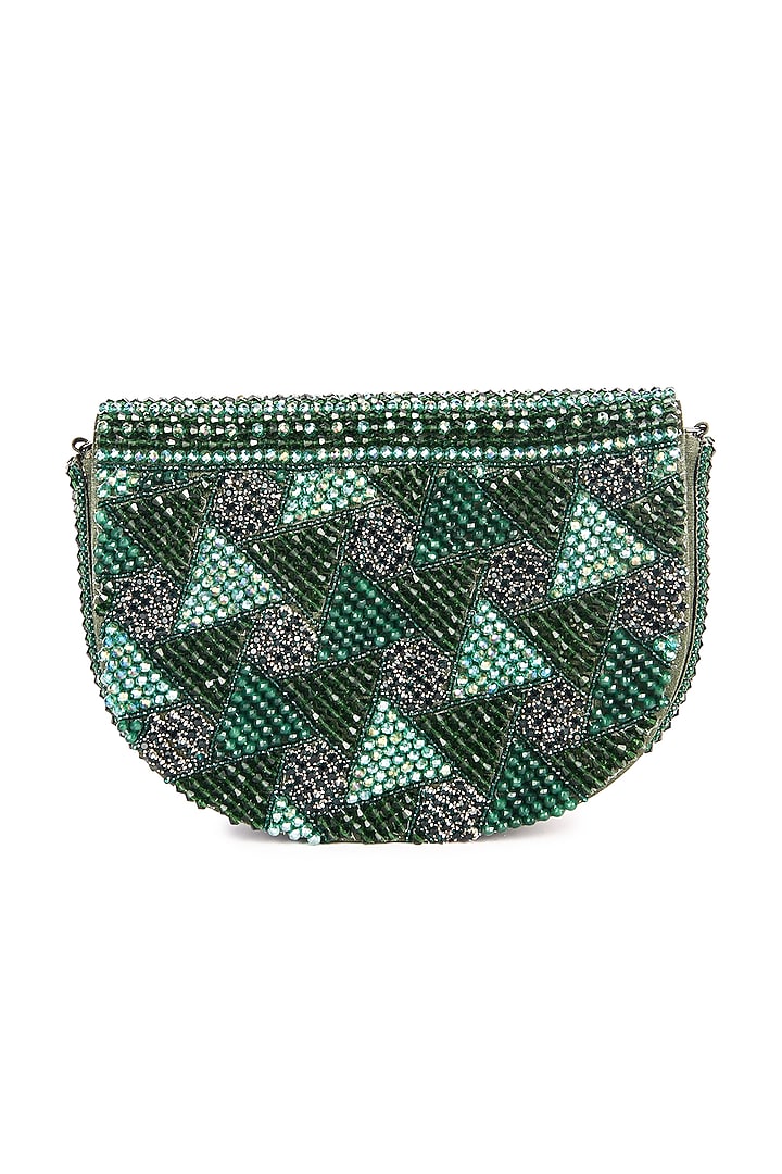 Green Raw Silk Hand Embroidered Latkan Clutch by The Purple Sack at Pernia's Pop Up Shop