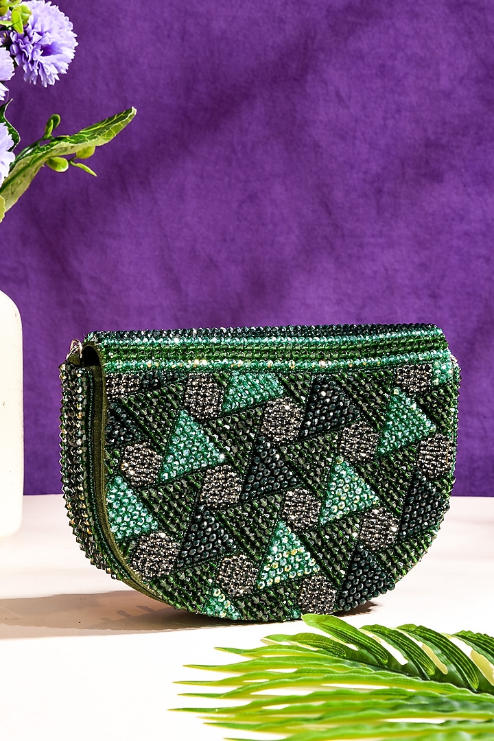 Green Raw Silk Hand Embroidered Latkan Clutch by The Purple Sack at Pernia's Pop Up Shop