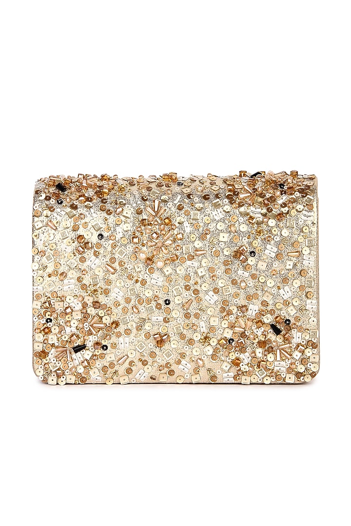 Golden Leatherette Hand Embroidered Clutch by The Purple Sack at Pernia's Pop Up Shop