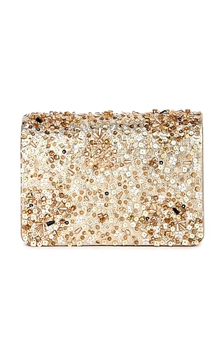 Golden Leatherette Hand Embroidered Clutch by The Purple Sack