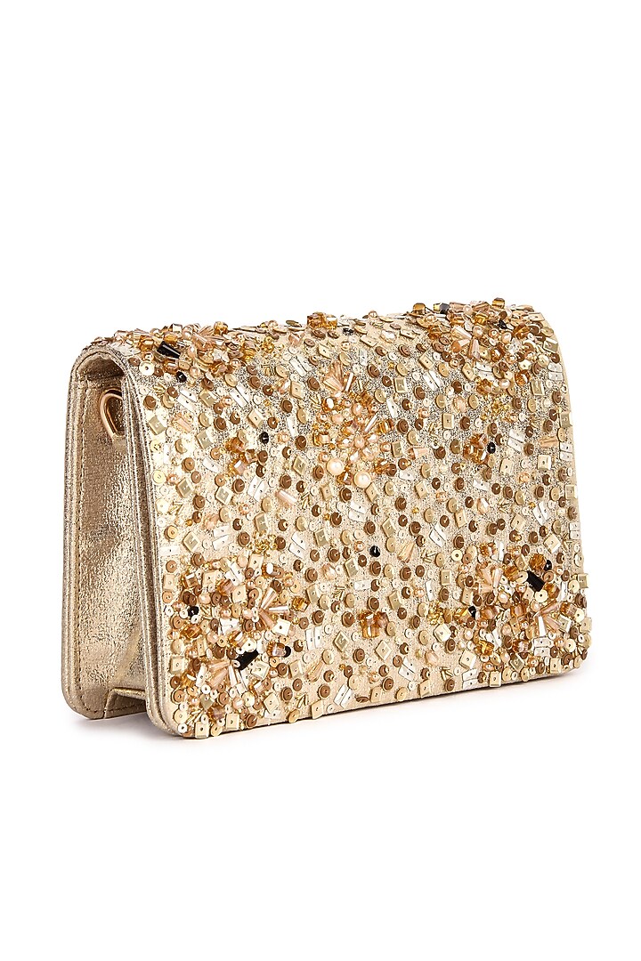 Golden Leatherette Hand Embroidered Clutch by The Purple Sack at Pernia's Pop Up Shop