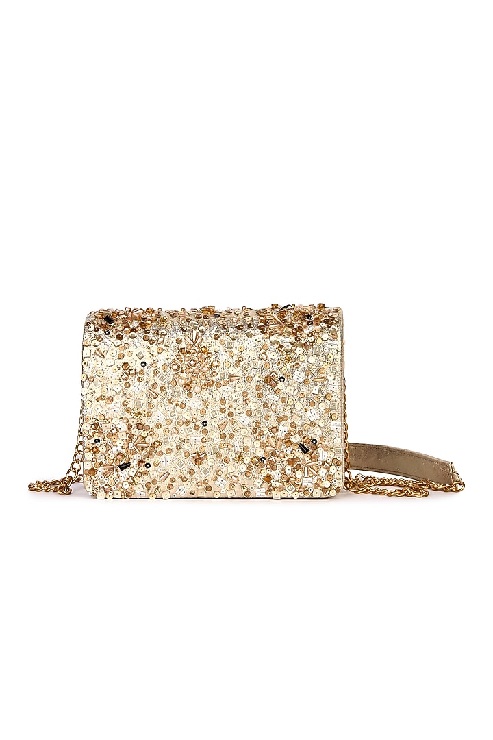 Golden Leatherette Hand Embroidered Clutch by The Purple Sack at Pernia's Pop Up Shop