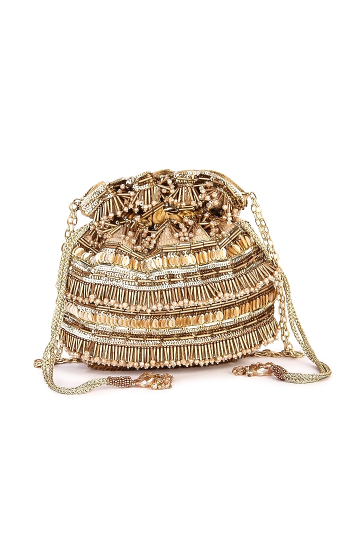 Golden Raw Silk Hand Embroidered Potli by The Purple Sack at Pernia's Pop Up Shop