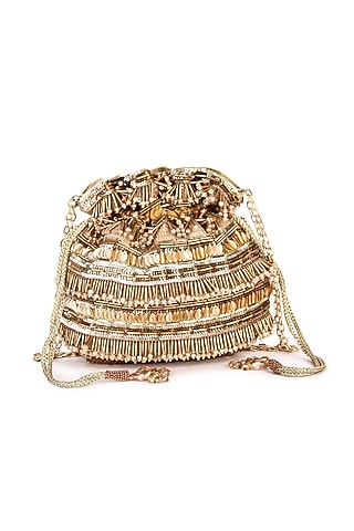 Golden Raw Silk Hand Embroidered Potli by The Purple Sack