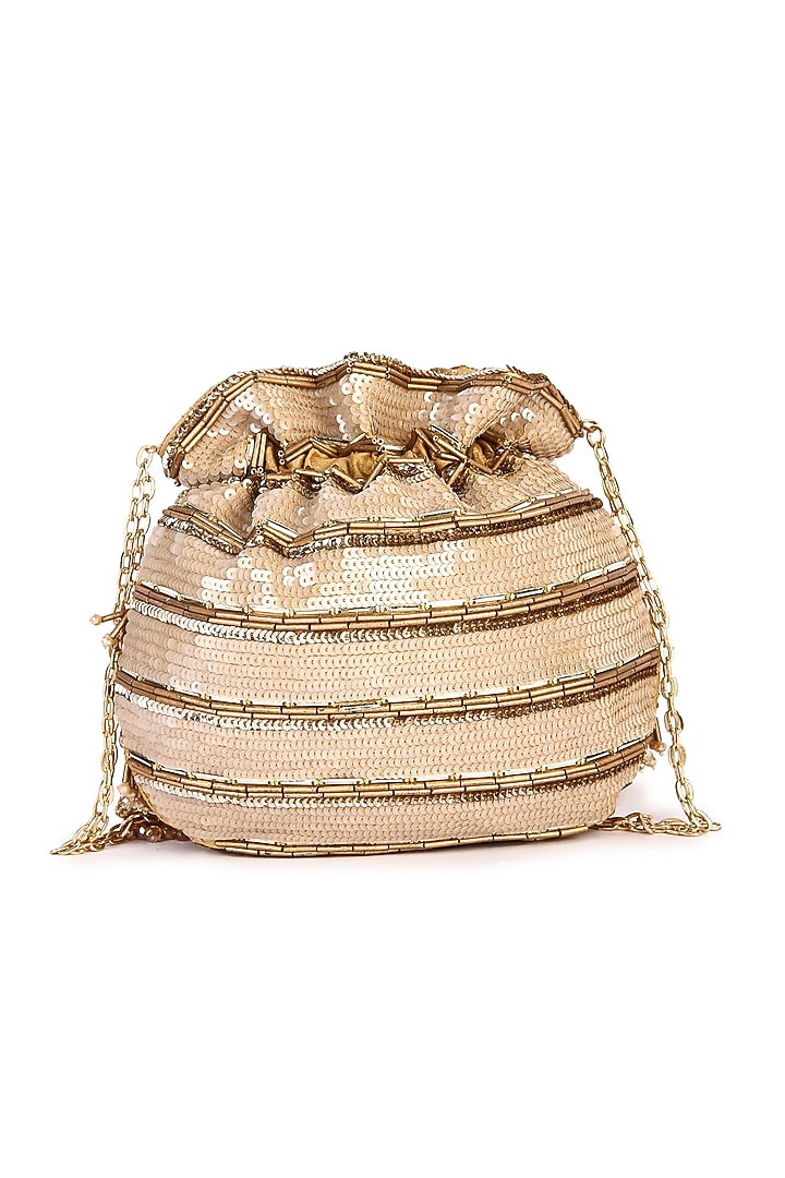 Golden Raw Silk Hand Embroidered Potli by The Purple Sack at Pernia's Pop Up Shop