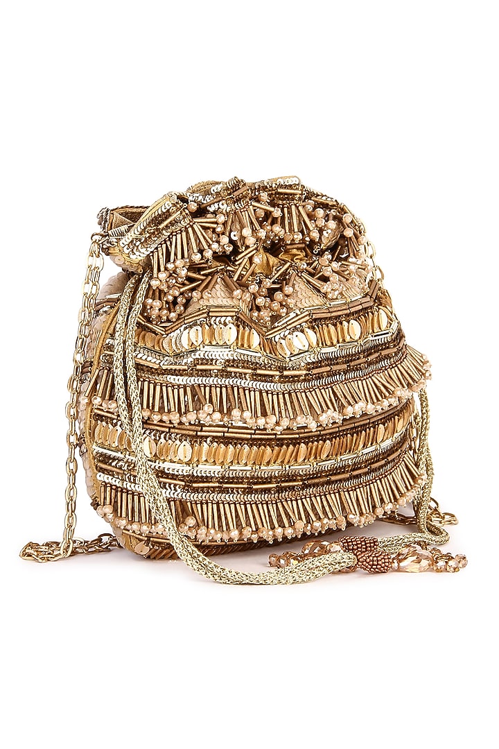 Golden Raw Silk Hand Embroidered Potli by The Purple Sack at Pernia's Pop Up Shop