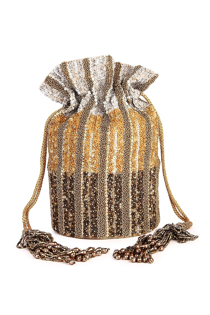 Golden Raw Silk Hand Embroidered Potli by The Purple Sack at Pernia's Pop Up Shop