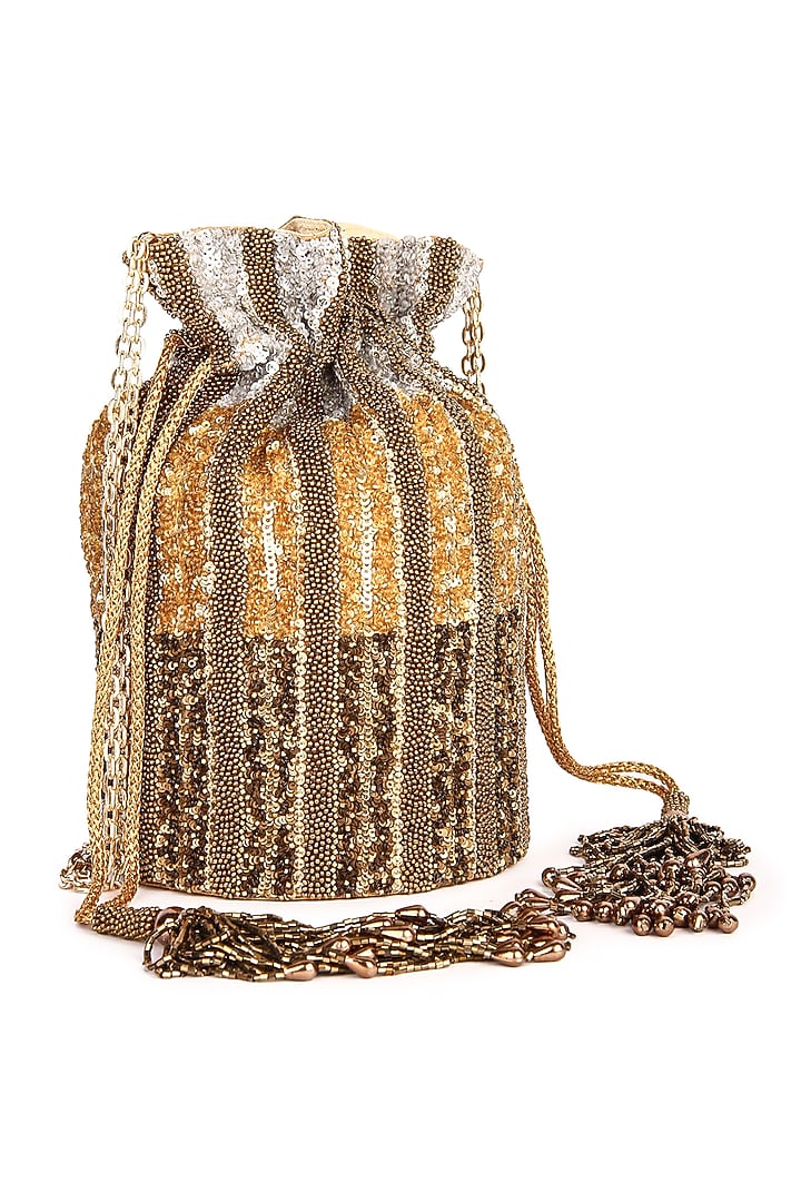 Golden Raw Silk Hand Embroidered Potli by The Purple Sack at Pernia's Pop Up Shop