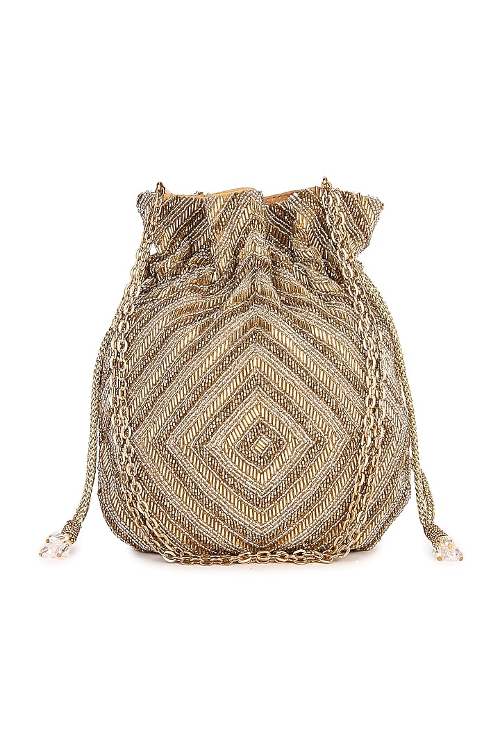 Golden Raw Silk Hand Embroidered Potli by The Purple Sack at Pernia's Pop Up Shop