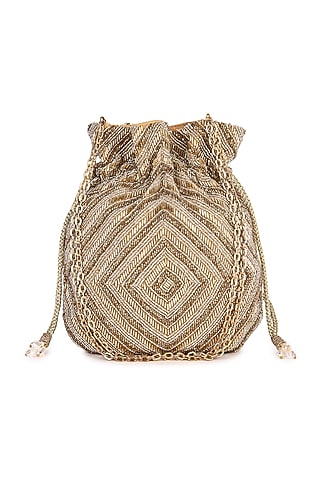 Golden Raw Silk Hand Embroidered Potli by The Purple Sack
