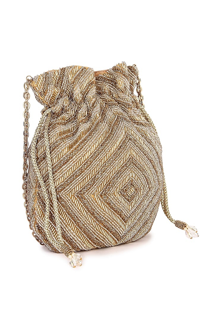 Golden Raw Silk Hand Embroidered Potli by The Purple Sack at Pernia's Pop Up Shop