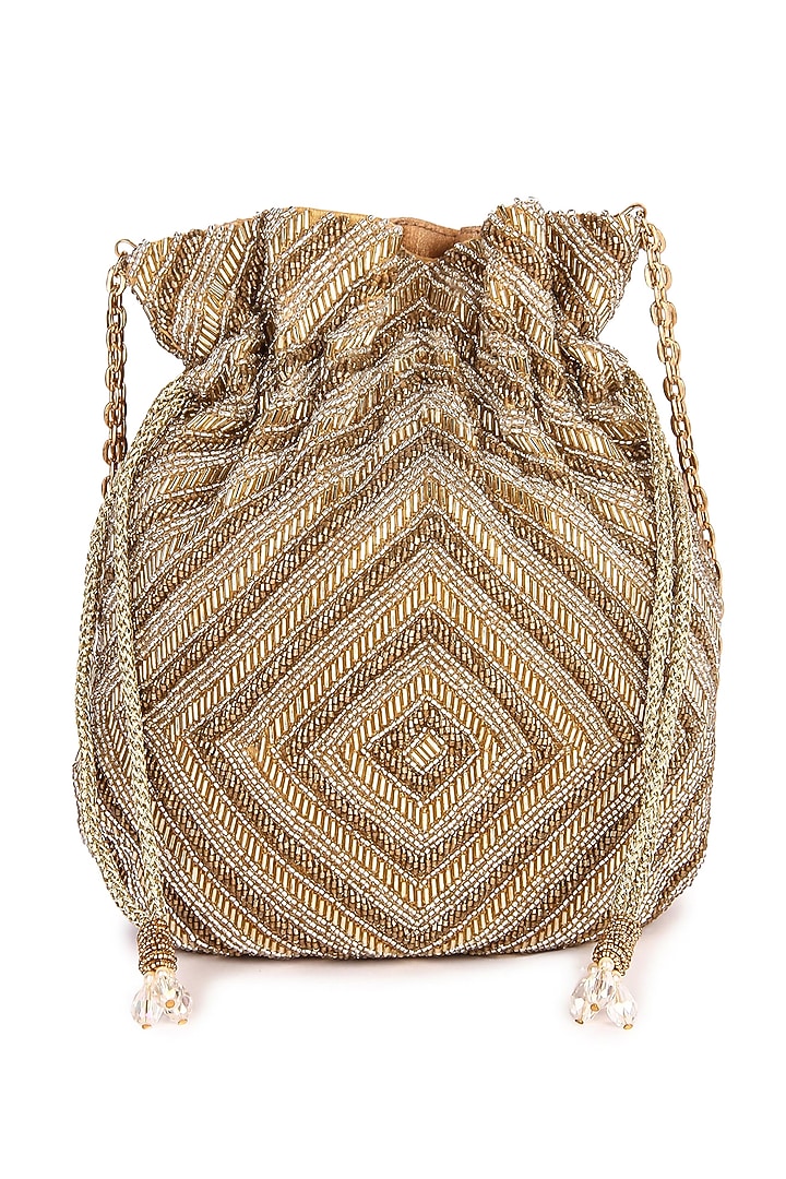 Golden Raw Silk Hand Embroidered Potli by The Purple Sack at Pernia's Pop Up Shop