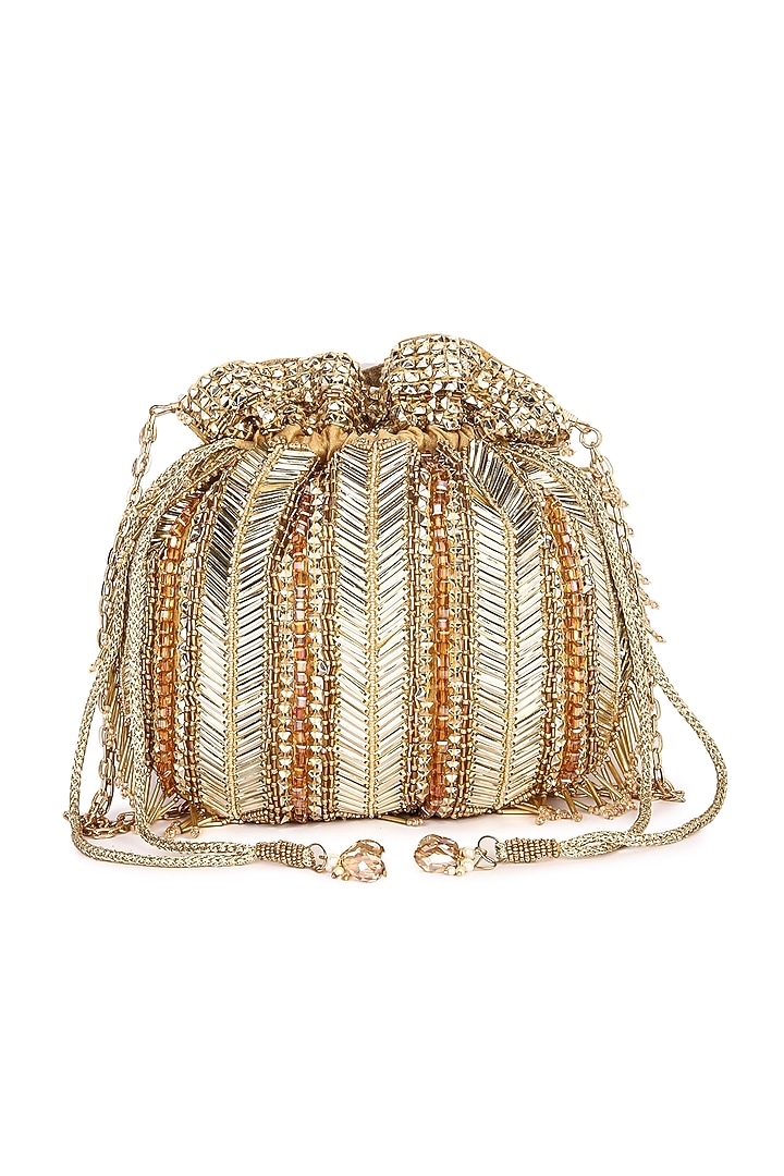 Golden Raw Silk Hand Embroidered Potli by The Purple Sack at Pernia's Pop Up Shop