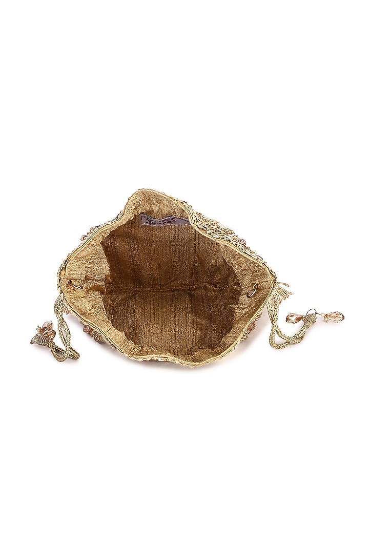Golden Raw Silk Hand Embroidered Potli by The Purple Sack at Pernia's Pop Up Shop