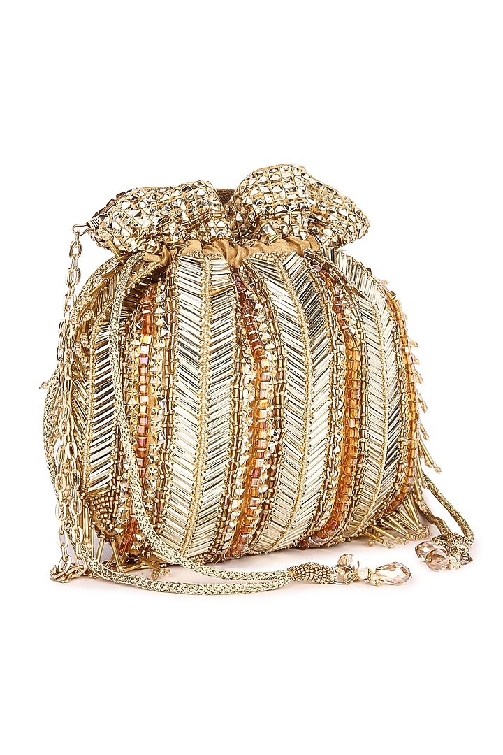 Golden Raw Silk Hand Embroidered Potli by The Purple Sack at Pernia's Pop Up Shop
