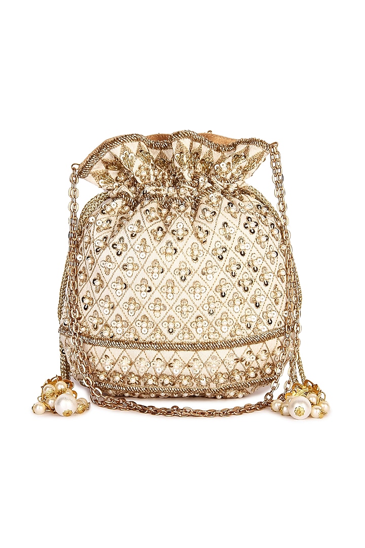 Beige Raw Silk Hand Embroidered Potli by The Purple Sack at Pernia's Pop Up Shop