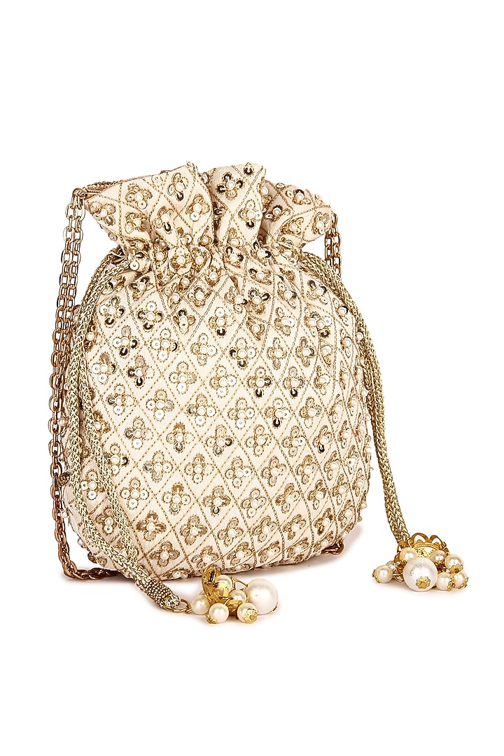 Beige Raw Silk Hand Embroidered Potli by The Purple Sack at Pernia's Pop Up Shop