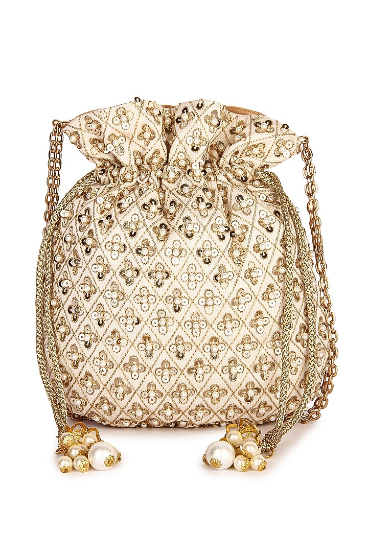 Beige Raw Silk Hand Embroidered Potli by The Purple Sack at Pernia's Pop Up Shop