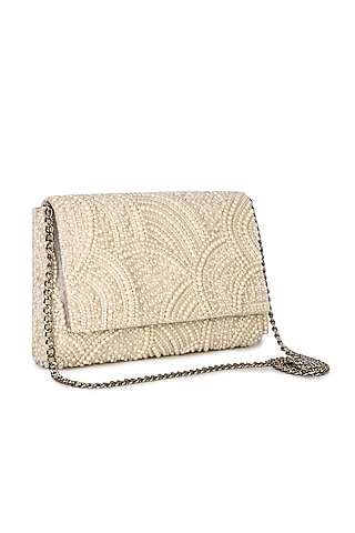 White Raw Silk Bead Pearl Hand Embroidered Clutch by The Purple Sack